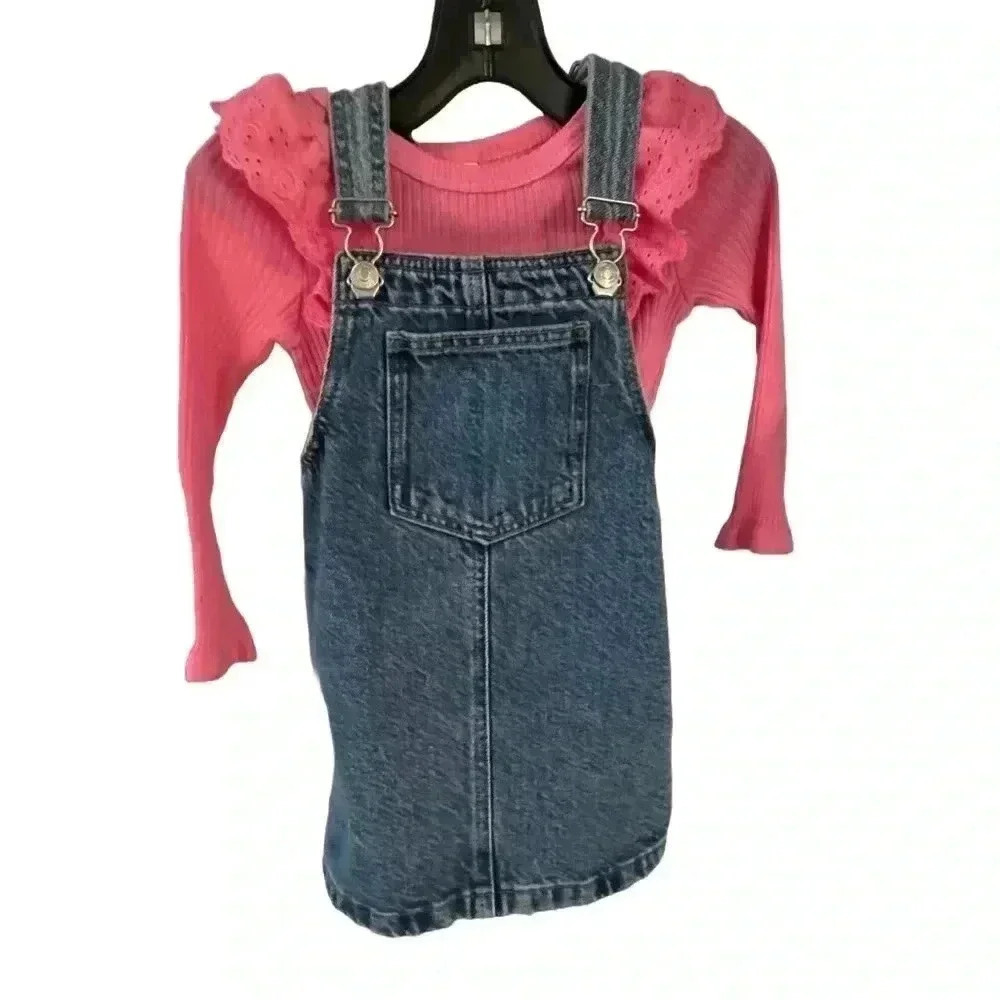 Zara girls overall skirt & cozy cub long sleeve pink ruffle top sz 18-24 months